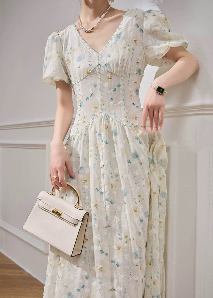 White V Neck Patchwork Chiffon Long Dress Short Sleeve
