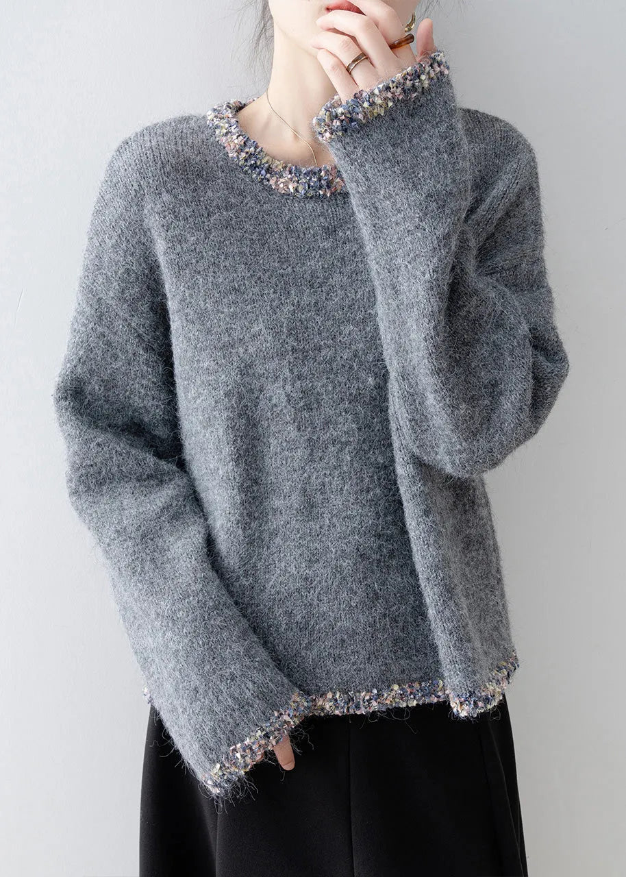 French Grey O Neck Patchwork Knit Sweaters Tops Spring