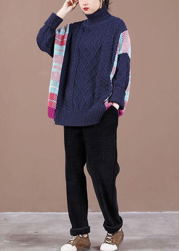 Fine Navy Patchwork High Neck Fall Knit Sweater