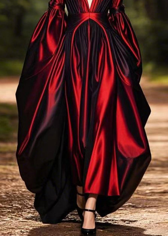 Mulberry Patchwork Silk Long Dresses Lantern Sleeve