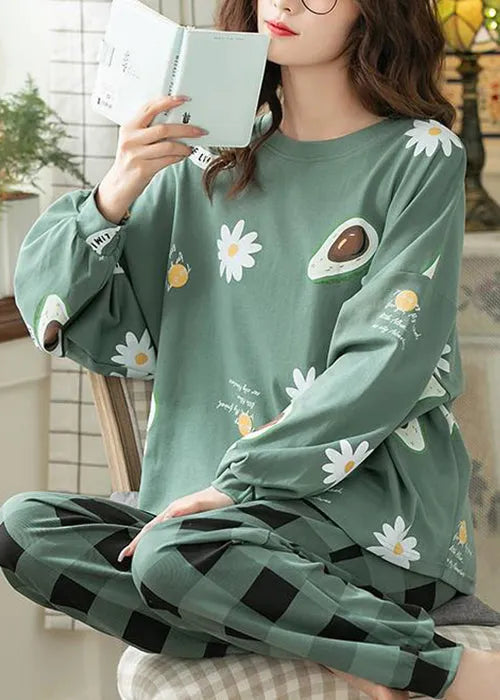 Green Print T Ahirt and Plaid Pants Cotton Pajamas Two Pieces Set Fall
