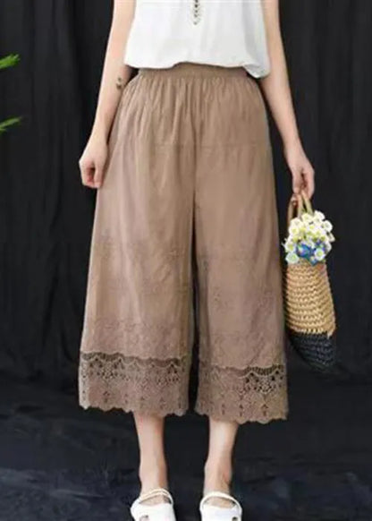 Grey Embroidered Elastic Waist Cotton Crop Pants Summer