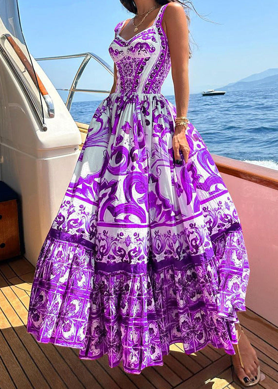 Rose Print Wrinkled Cotton Spaghetti Strap Dress Summer