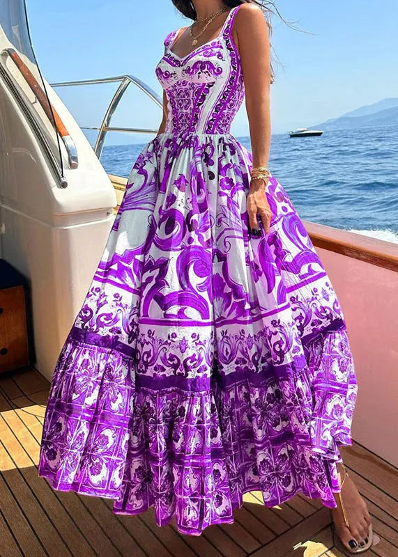 Rose Print Wrinkled Cotton Spaghetti Strap Dress Summer