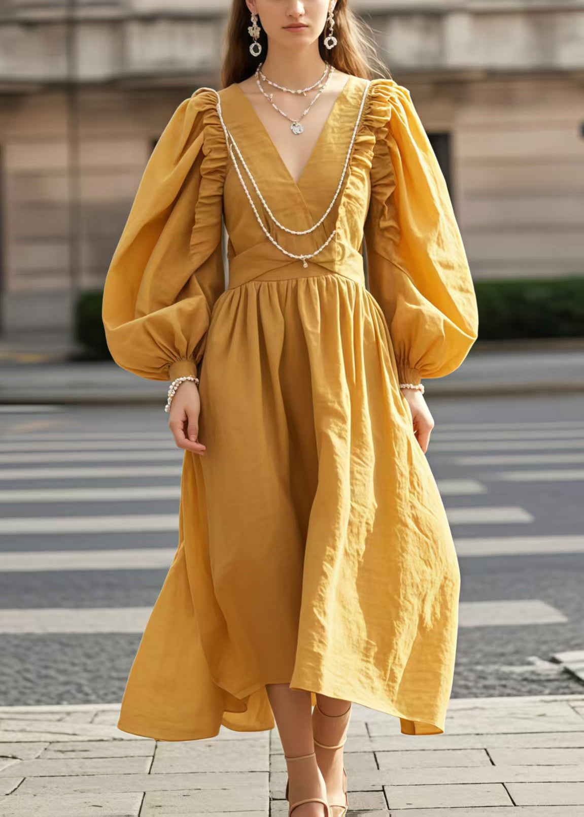 Yellow V Neck Wrinkled Cotton Party Dress Lantern Sleeve