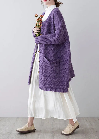 Purple O-neck Button Knit Loose Knit Cardigans Spring