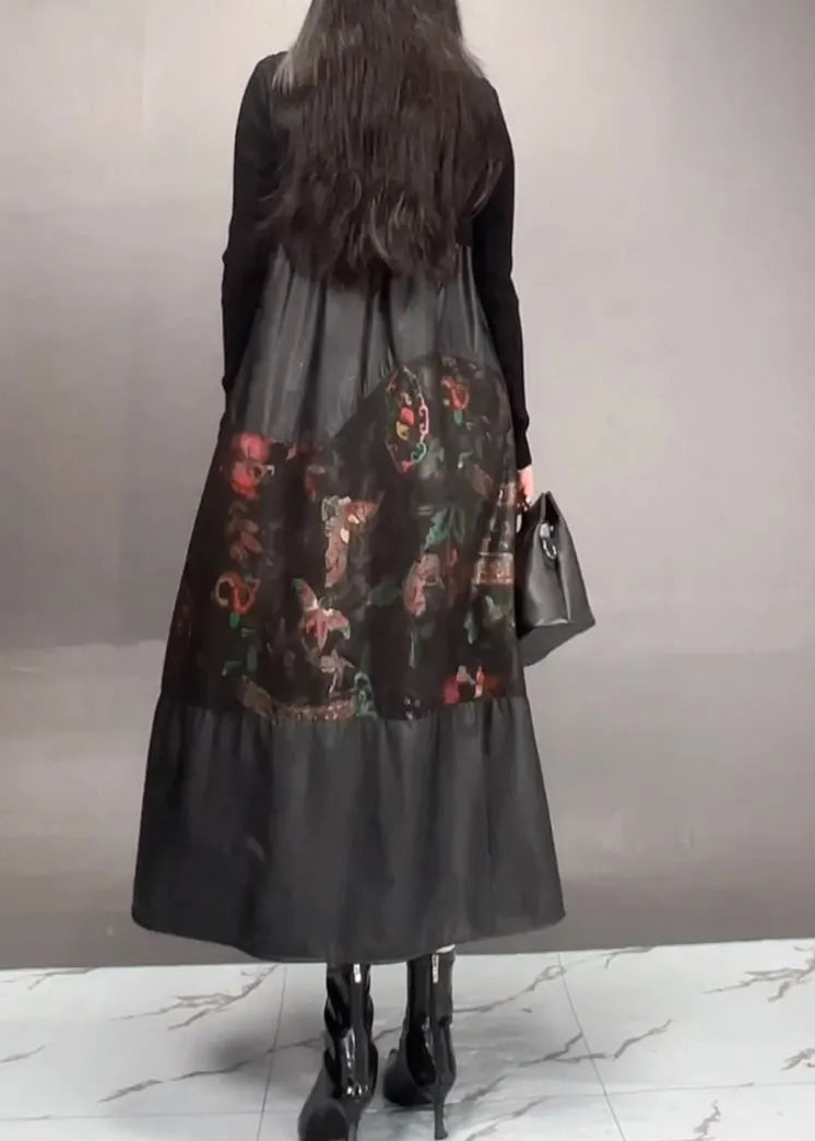 Black Print Patchwork Wrinkled Maxi Dress Fall