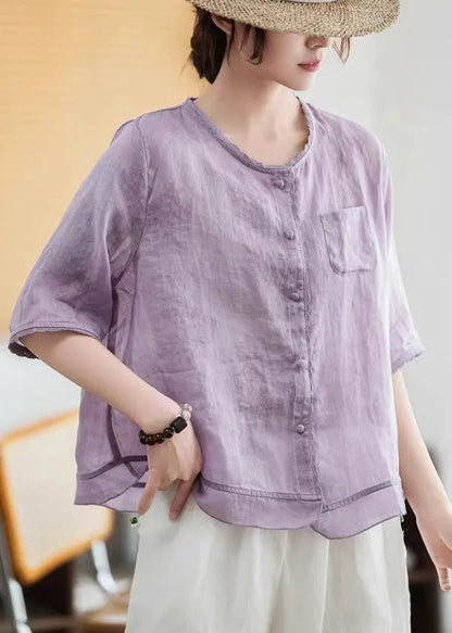 Style Purple Oversized Patchwork Linen Blouse Tops Half Sleeve