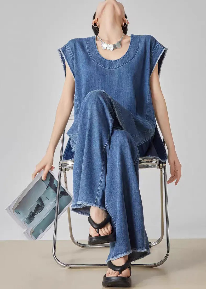 Blue O-neck Patchwork Denim T Shirt Dress and Jeans Two Piece Set Summer