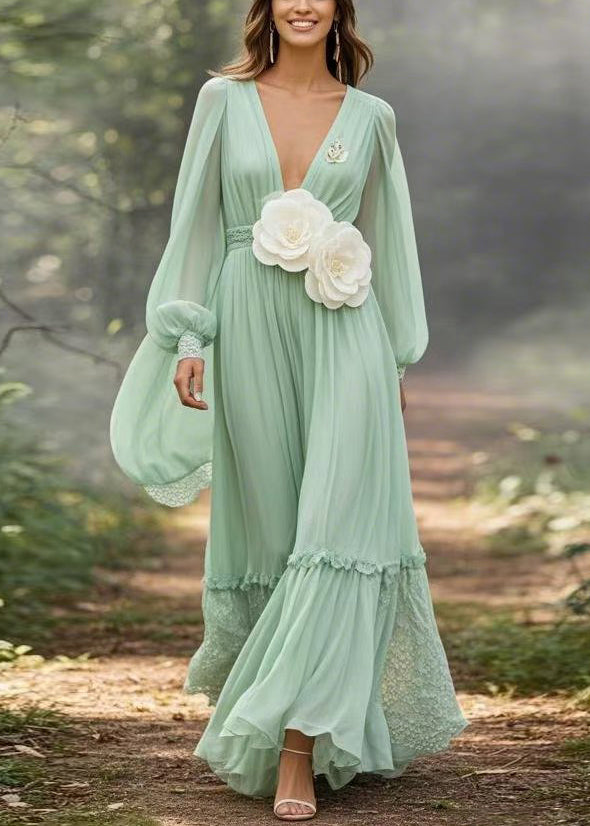 Boutique Light Green Ruffled Patchwork Chiffon Maxi Dresses Spring