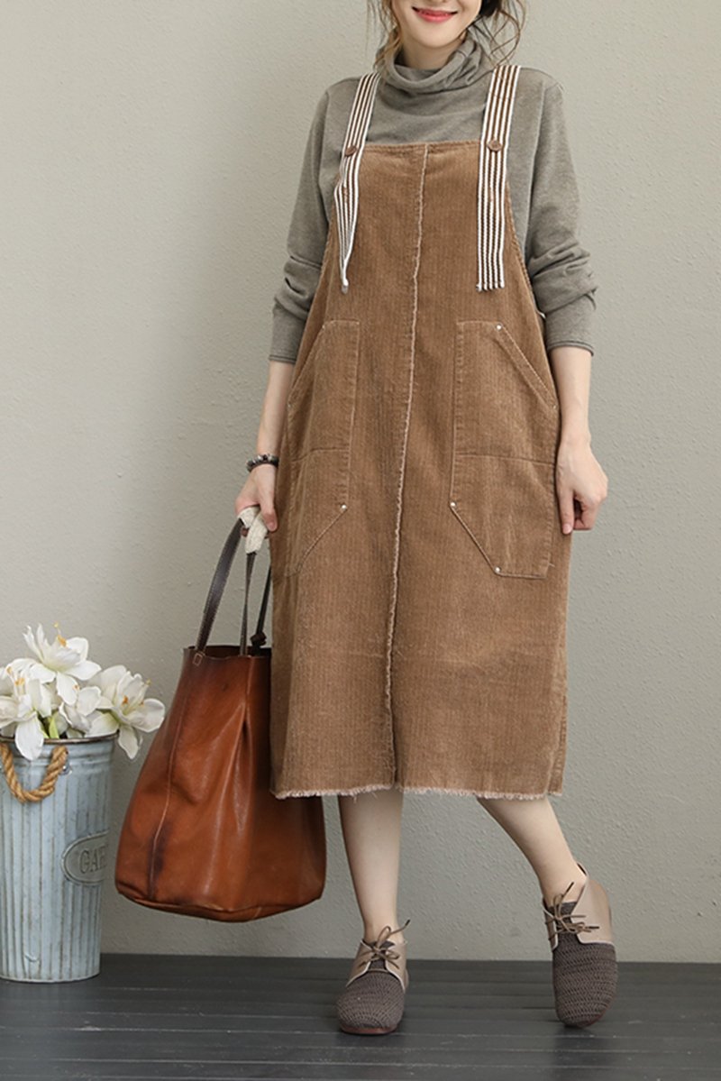 Loose Corduroy Strap Dresses Autumn Outfits