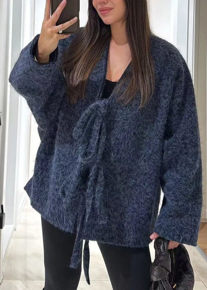 Boutique Mulberry V Neck Lace Up Woolen Coat Fall