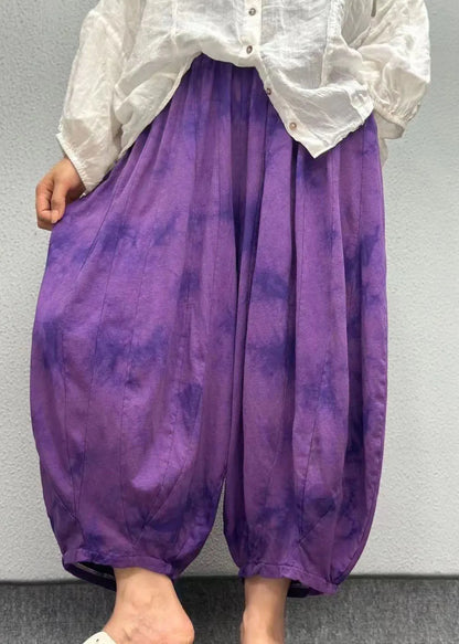 Orange Pockets Print Elastic Waist Linen Lantern Pants Summer