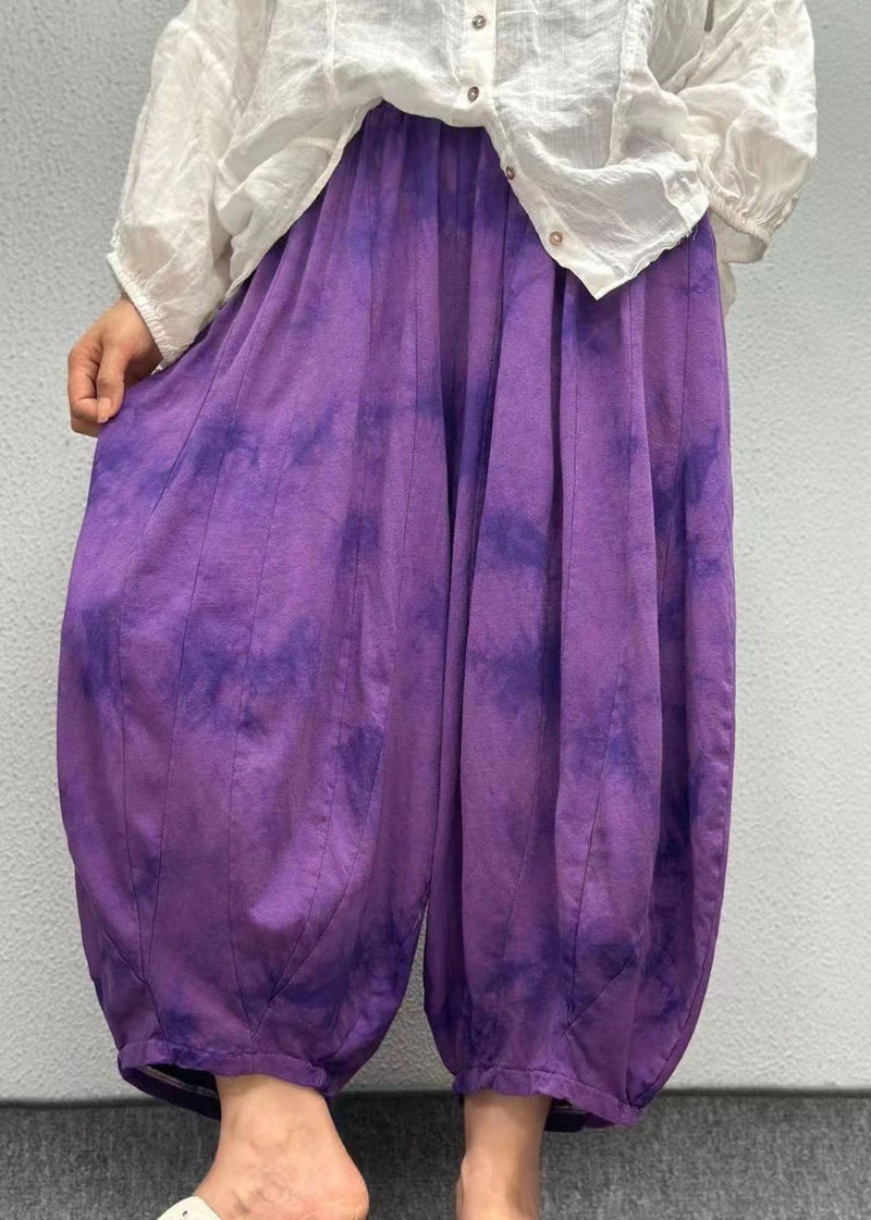 Orange Pockets Print Elastic Waist Linen Lantern Pants Summer