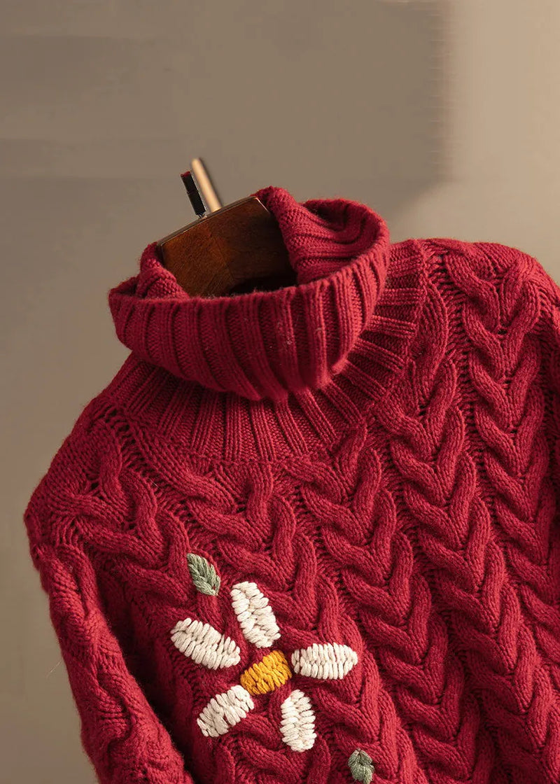 Loose Wine Red Embroidered Thick Cable Knit Sweater Spring