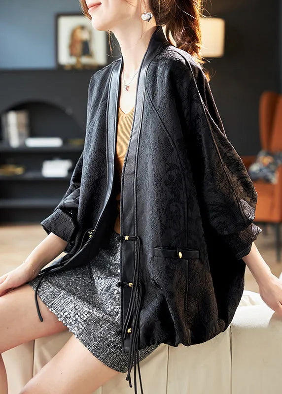 Natural Black V Neck Patchwork Coats Three Quarter Sleeve Sleeve