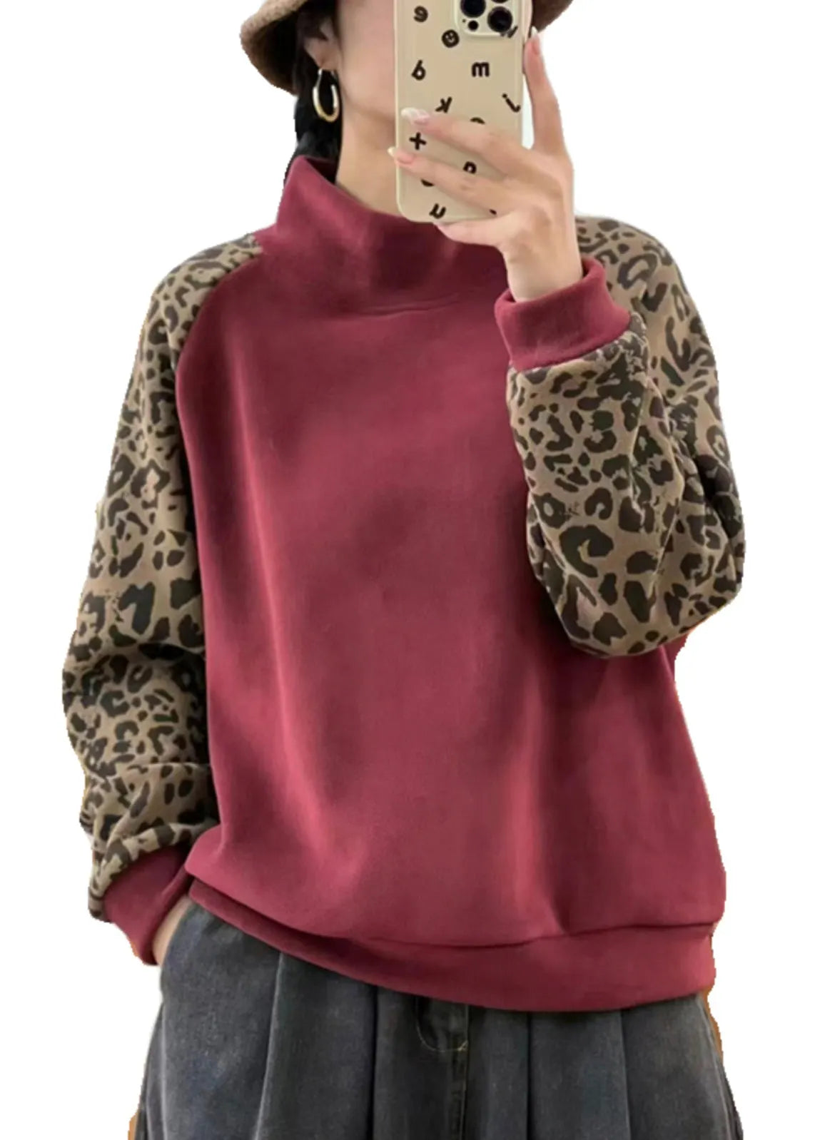 Red Hign Neck Leopard Patchwork Warm Fleece Sweatshirts Top Winter