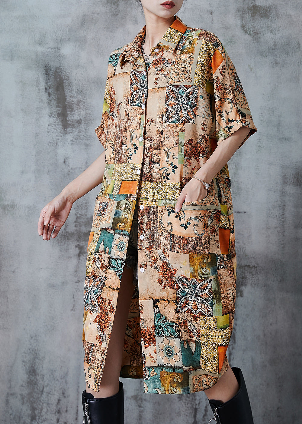 Khaki Oversized Print Chiffon Shirt Dress Summer