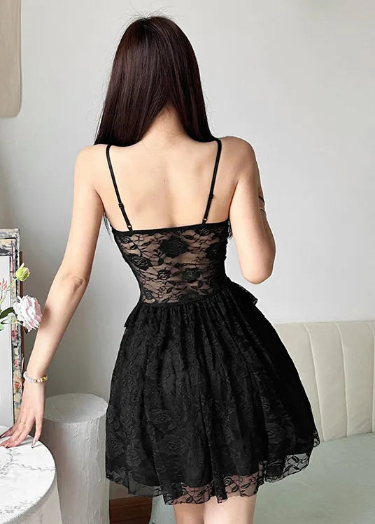 Black Ruffled Patchwork Lace Spaghetti Strap Dress Summer