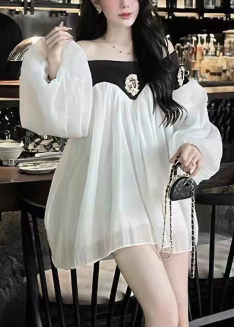 Black Slash Neck Patchwork Chiffon Mid Dress Lantern Sleeve