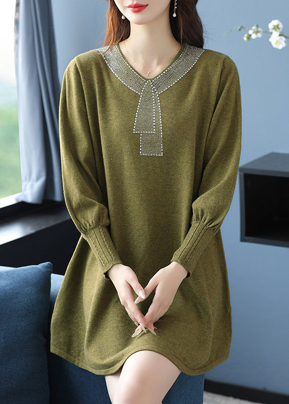 Tea Green V Neck Zircon Woolen Sweater Dress Winter