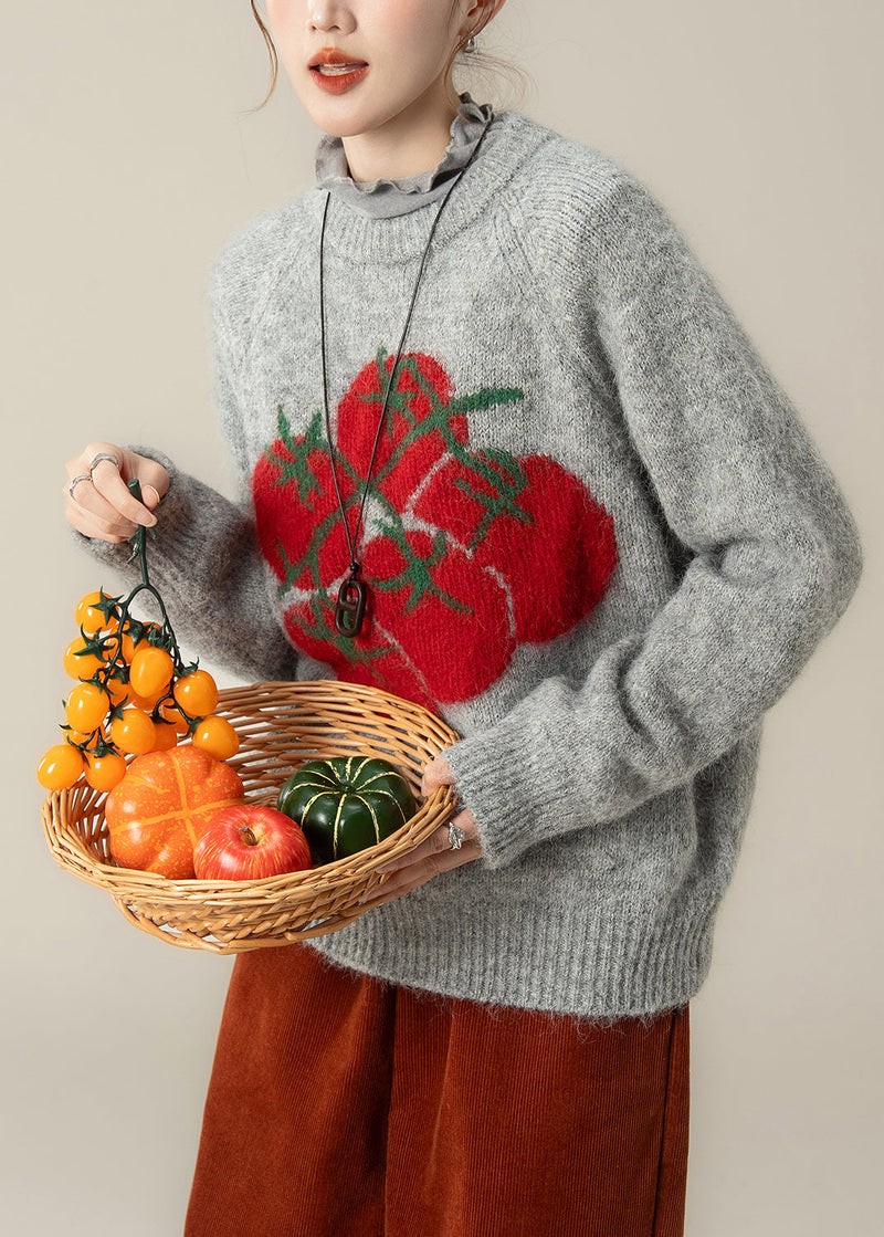 Grey Print Chunky Oversized Knitted Tops Winter