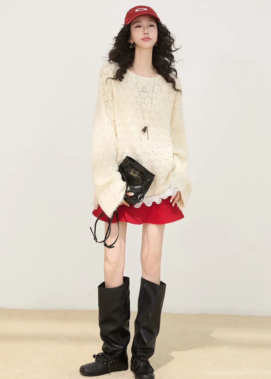 White Oversized Patchwork Knit Short Sweater Winter