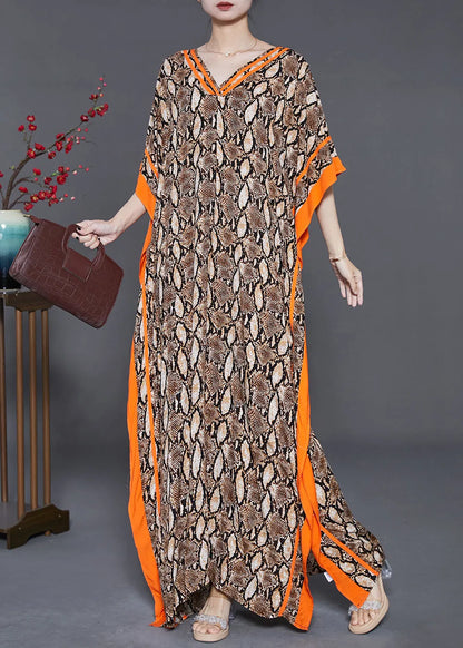Boutique Brown Oversized Print Chiffon Dress Batwing Sleeve