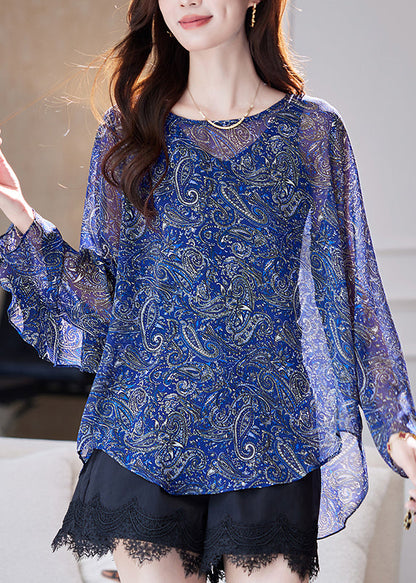 Organic Blue Print Ruffled Patchwork Chiffon Blouses Summer
