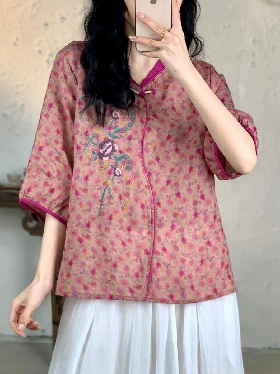Summer Embroidery Ramie Shirt