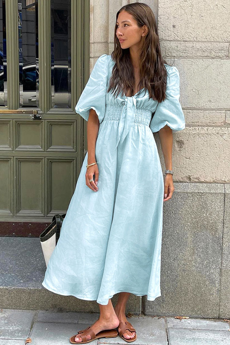 Tie Front Puff Sleeve Cotton Linen Beach Vacation Midi Dress - Sky Blue
