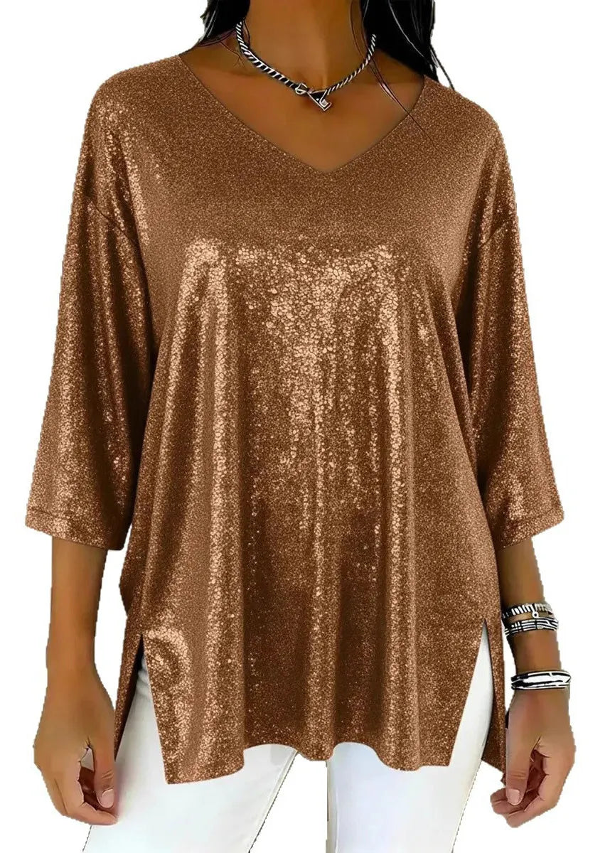 French Blue V Neck Side Open Polyester Blouse Tops Spring