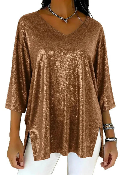 French Blue V Neck Side Open Polyester Blouse Tops Spring