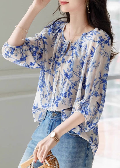 Blue O-neck Print Chiffon Top Summer