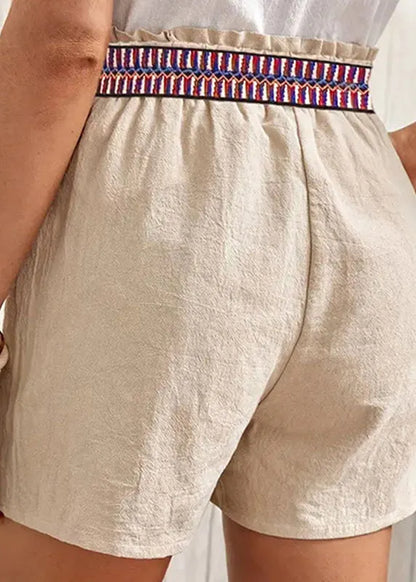 Apricot Lace Up Pockets Cotton Shorts Summer