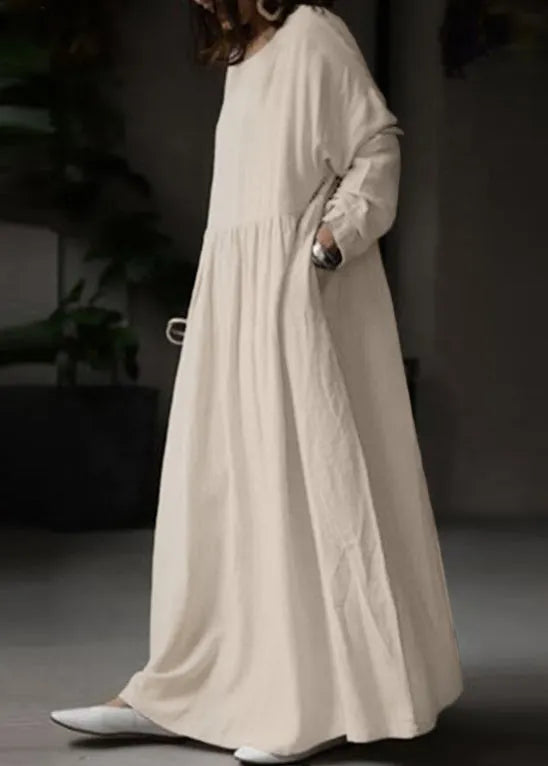 Loose White O Neck Cotton Maxi Dress Long Sleeve