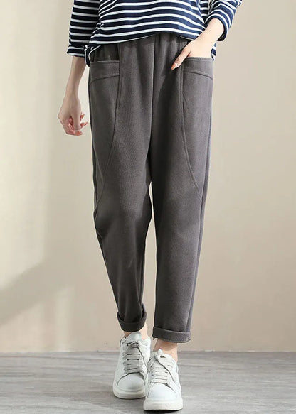Grey High Waist Pockets Cotton Crop Pants Spring