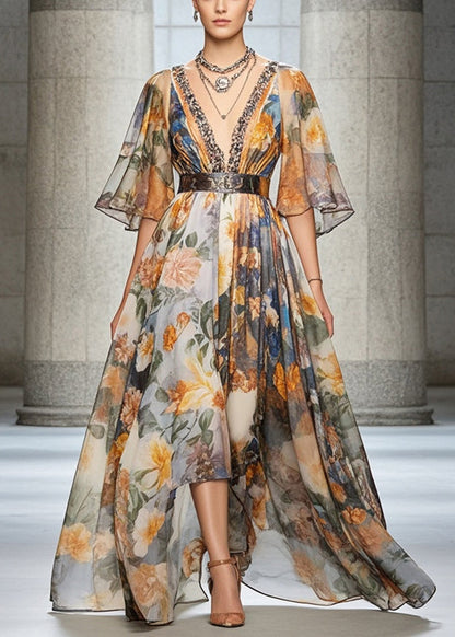Black Print Chiffon Beach Dress Deep-v Neck Cinched Summer