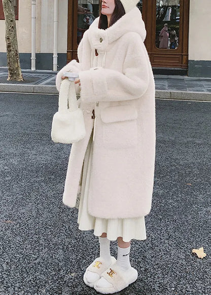 White Hooded Pockets Mink Velvet Coats Spring