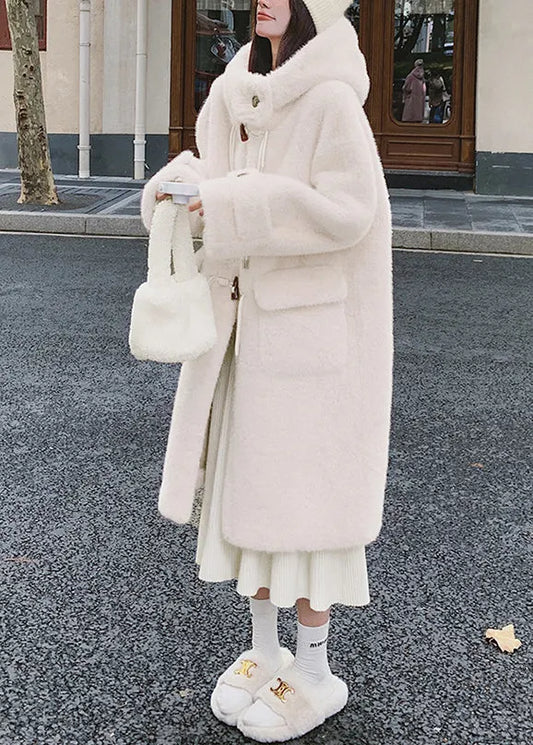 White Hooded Pockets Mink Velvet Coats Spring