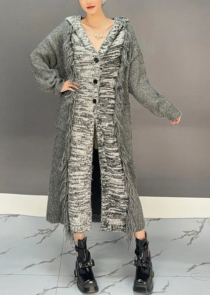 Dark Grey Patchwork Tassel Cotton Knit Hooded Cardigans Winter