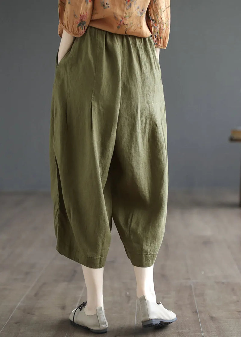 Army Green Pockets Elastic Waist Cozy Linen Wide Leg Pants Summer