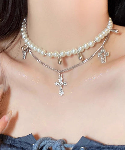 White Alloy Pearl Multilayer Cross Gratuated Bead Necklace