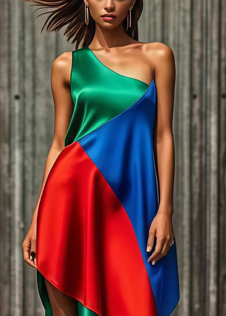 Colorblock One Shoulder Asymmetrical Patchwork Silk Holiday Dress Summer
