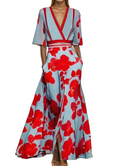 Red V-neck Printp Exra Large Hem Dress Summer