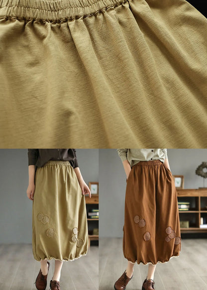 Handmade Khaki Embroidered Elastic Waist Patchwork Cotton Skirts Spring