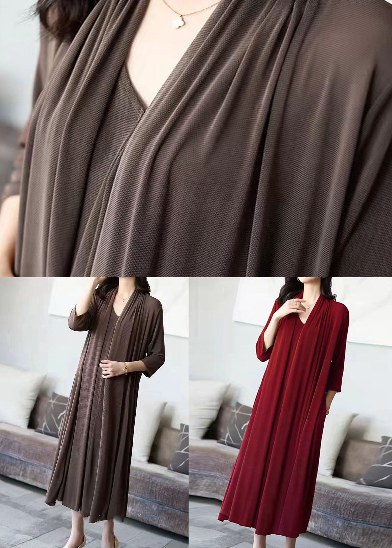 Coffee V Neck Patchwork False Two Pieces Silk Long Dress Spring