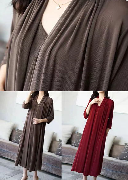 Coffee V Neck Patchwork False Two Pieces Silk Long Dress Spring
