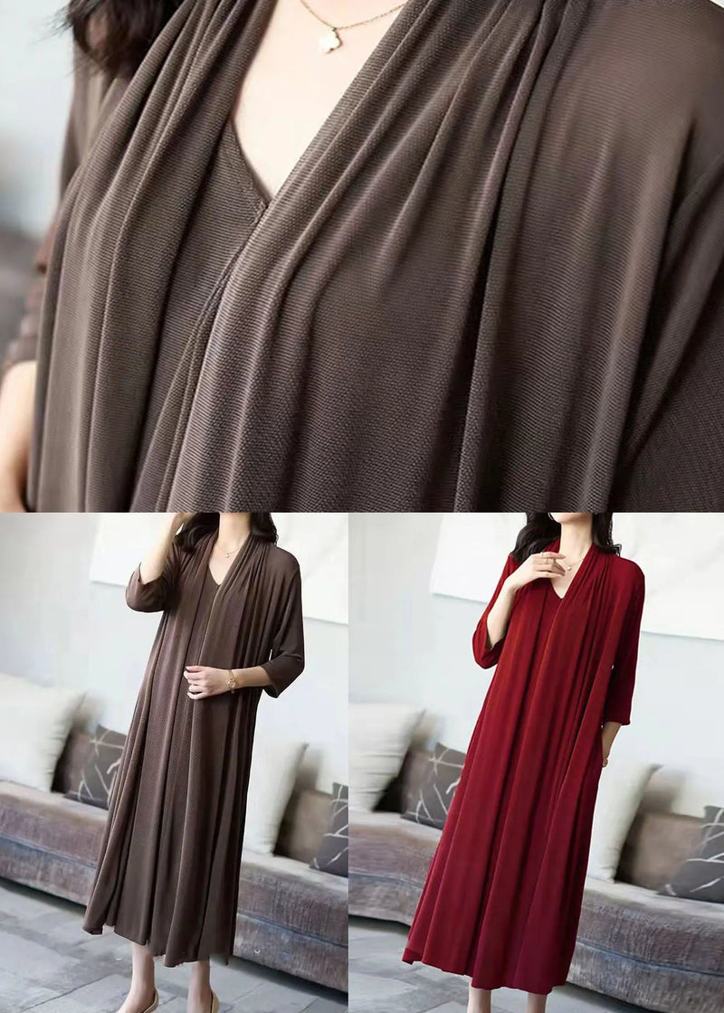 Coffee V Neck Patchwork False Two Pieces Silk Long Dress Spring