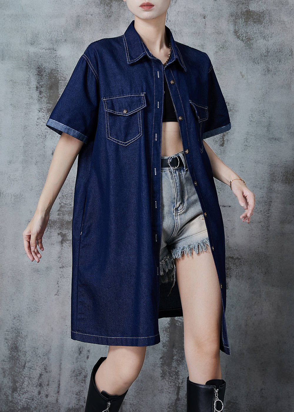 Navy Peter Pan Collar Denim Mini Dress Summer